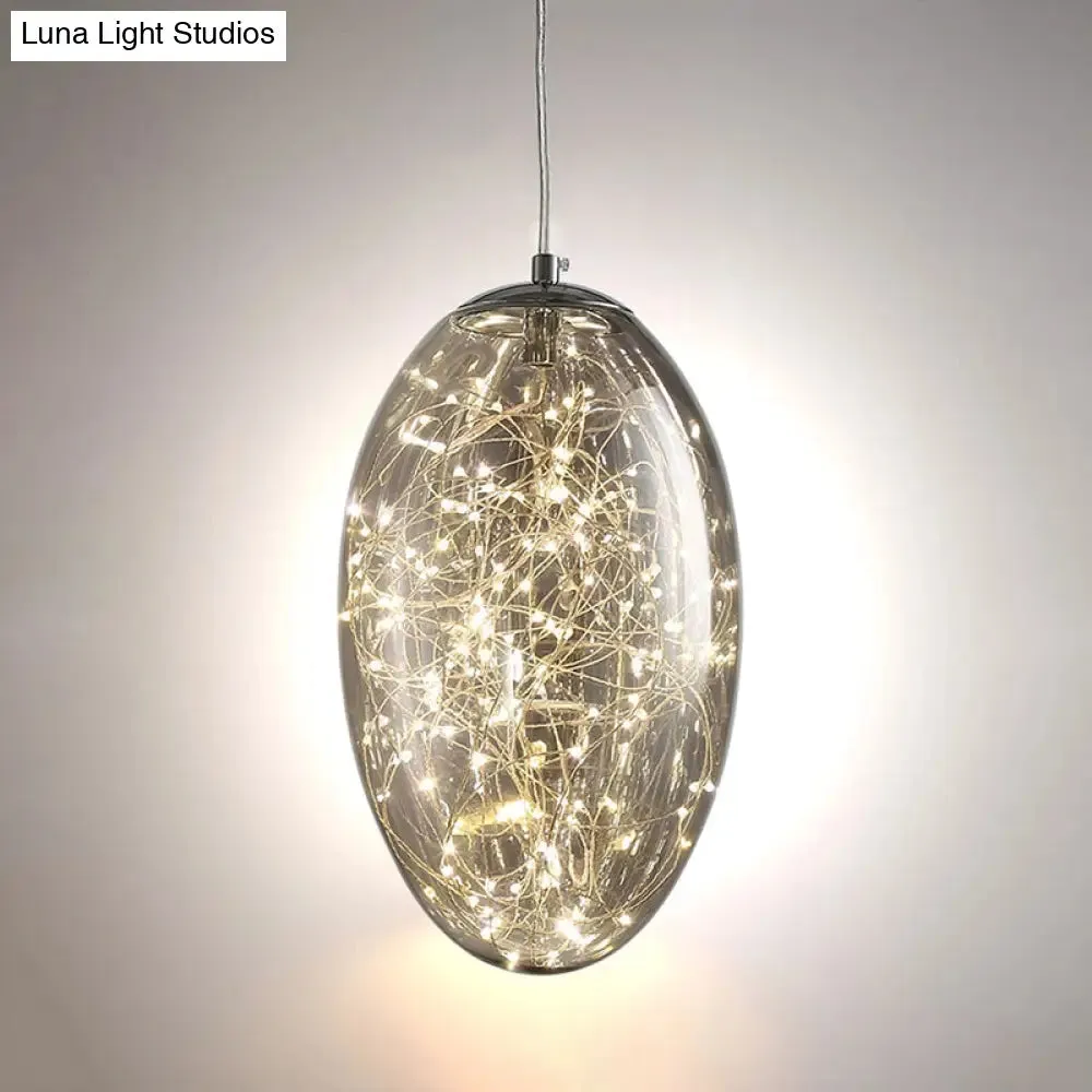Contemporary Oval LED Pendant Light in Smoke Gray/Amber Glass for Living Rooms