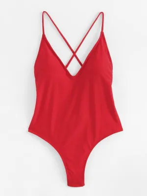 Criss Cross Back Ruched Detail Plunge Swimsuit