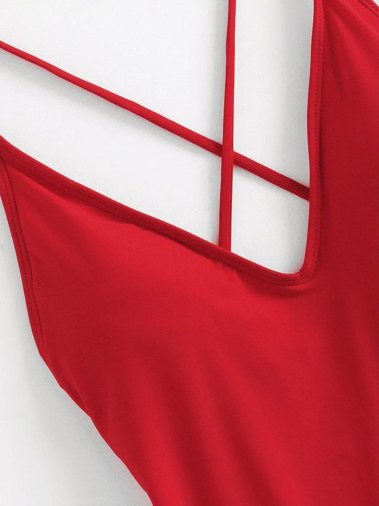 Criss Cross Back Ruched Detail Plunge Swimsuit