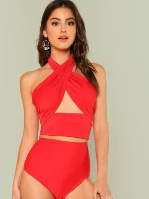 Cross Wrap Halter High Waist Bikini Set