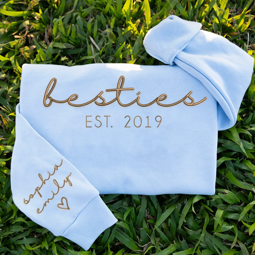 Custom Sweatshirt, Personalized Bestie Embroidered Sweatshirt, Best Friend Sweatshirt, Names on Sleeve, Best Friend Gifts, Gifts For Friends, Valentine Gifts, Gifts for Her