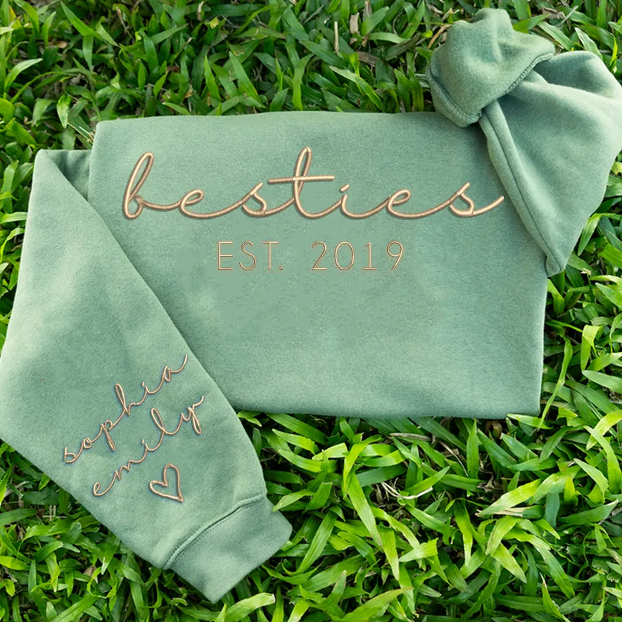 Custom Sweatshirt, Personalized Bestie Embroidered Sweatshirt, Best Friend Sweatshirt, Names on Sleeve, Best Friend Gifts, Gifts For Friends, Valentine Gifts, Gifts for Her