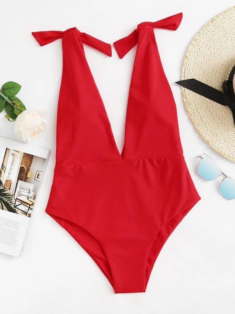 Deep V Neck Knot Swimsuit