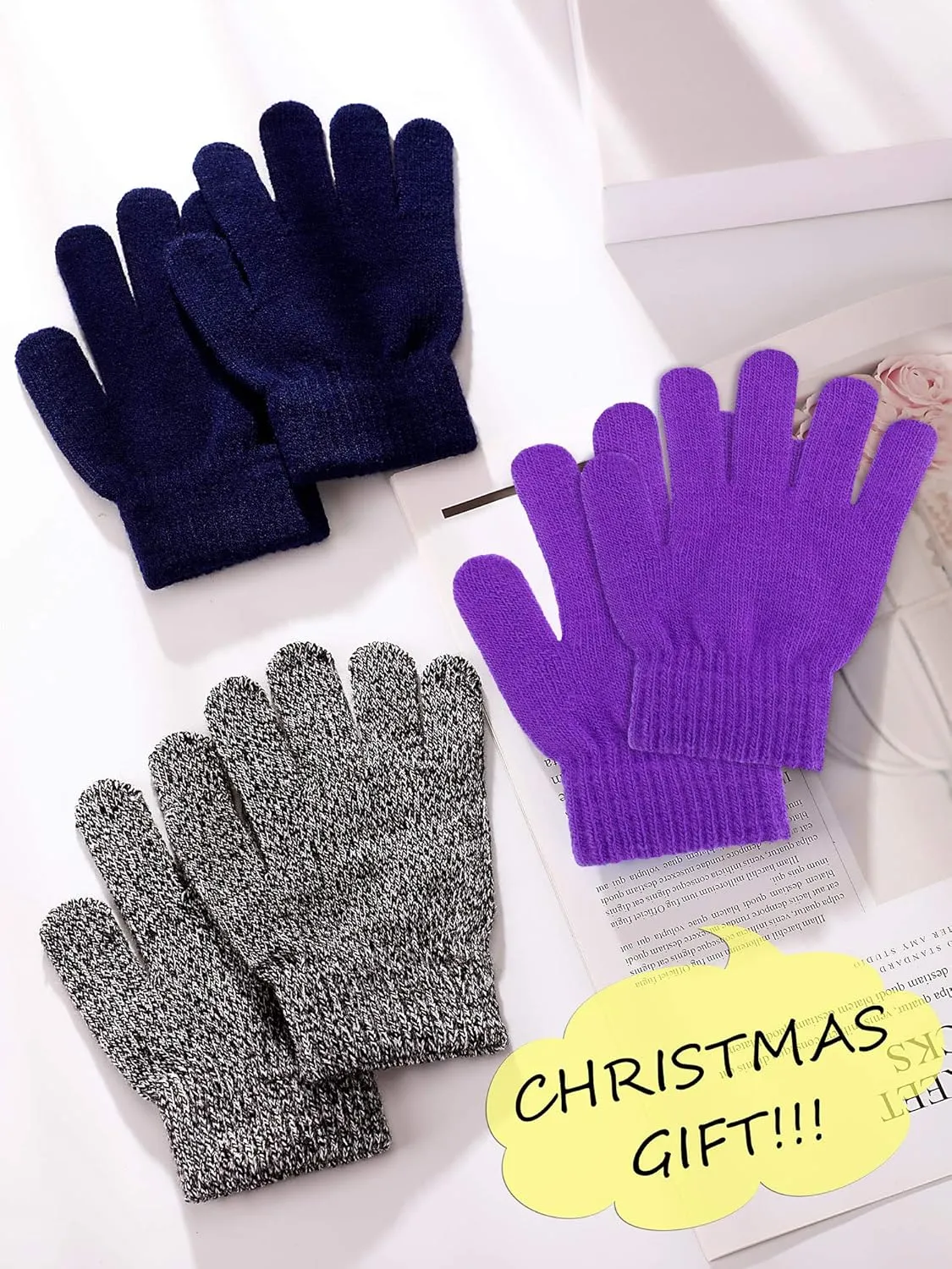 EBOOT 3 Pairs Kids Winter Knit Gloves Stretchy Full Finger Fluffy Mittens for Toddler Boys Girls 1-11 Years