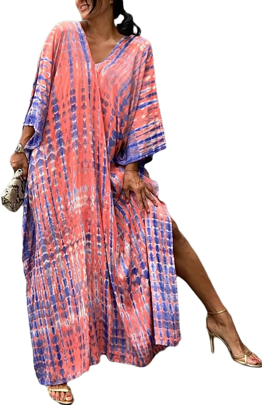 Eddoyee Plus Size Beach Kaftan Dresses for Women Print V-Neck Long Swimsuit Cover Ups