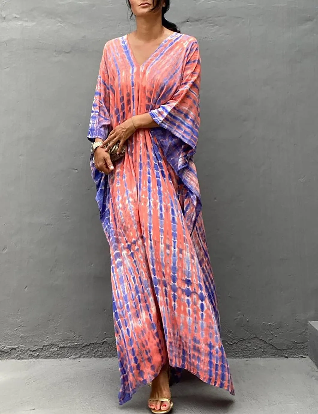 Eddoyee Plus Size Beach Kaftan Dresses for Women Print V-Neck Long Swimsuit Cover Ups