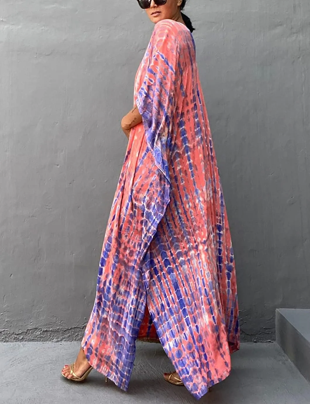 Eddoyee Plus Size Beach Kaftan Dresses for Women Print V-Neck Long Swimsuit Cover Ups