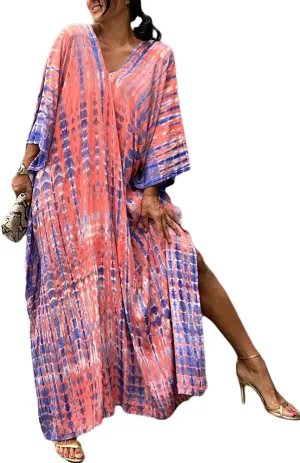 Eddoyee Plus Size Beach Kaftan Dresses for Women Print V-Neck Long Swimsuit Cover Ups
