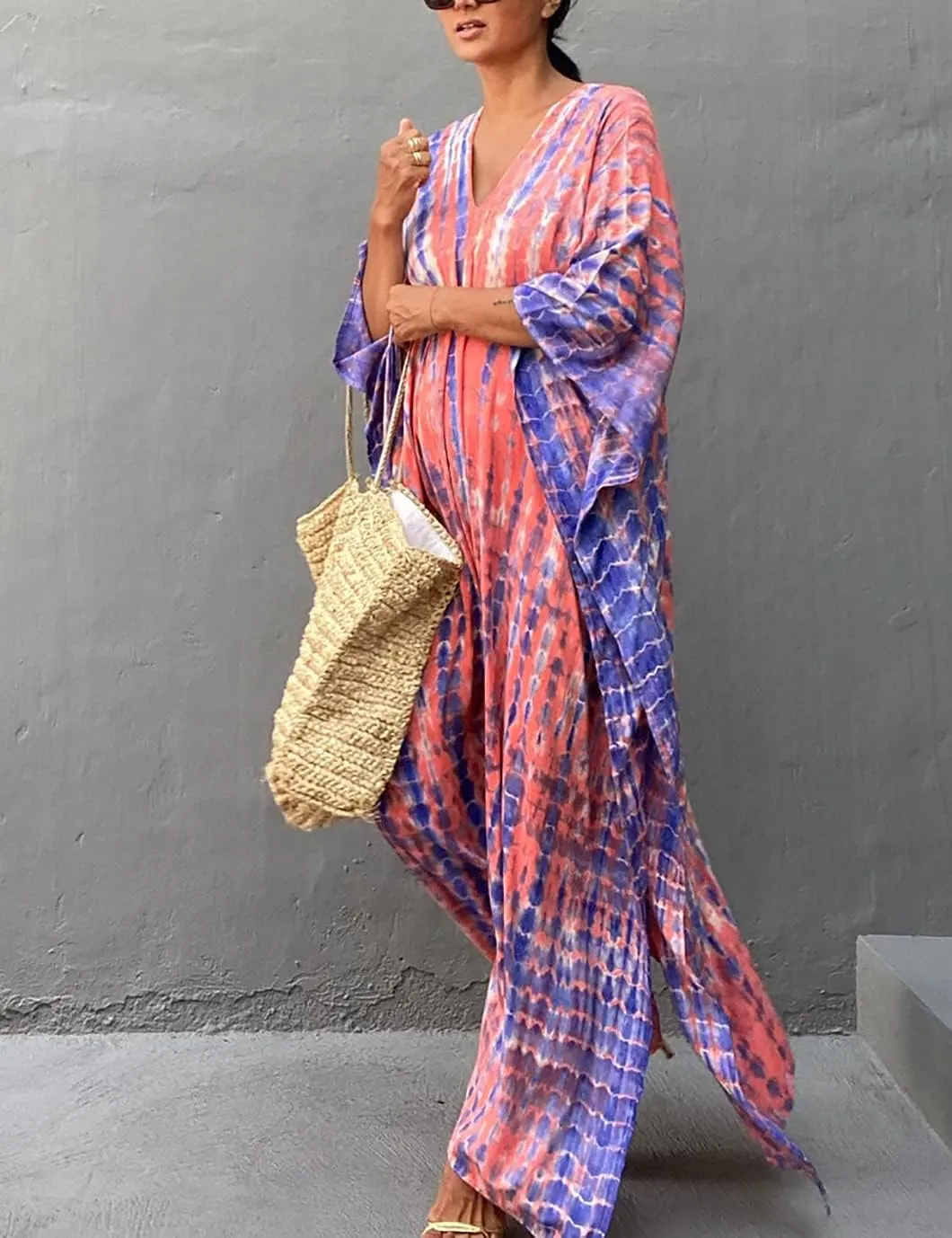 Eddoyee Plus Size Beach Kaftan Dresses for Women Print V-Neck Long Swimsuit Cover Ups