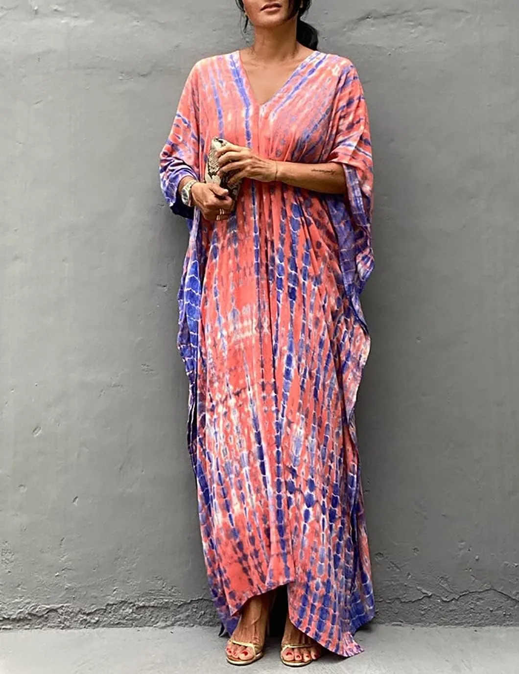 Eddoyee Plus Size Beach Kaftan Dresses for Women Print V-Neck Long Swimsuit Cover Ups