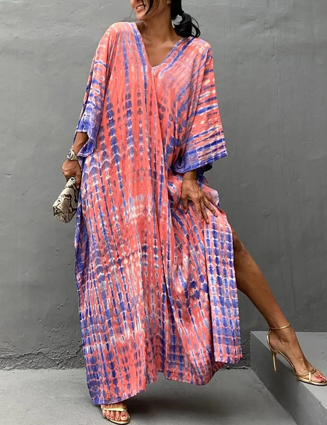 Eddoyee Plus Size Beach Kaftan Dresses for Women Print V-Neck Long Swimsuit Cover Ups