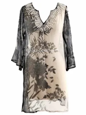 Elegant Gray & Beige Sheer Beach Cover Up With Sequin Trim Size Small
