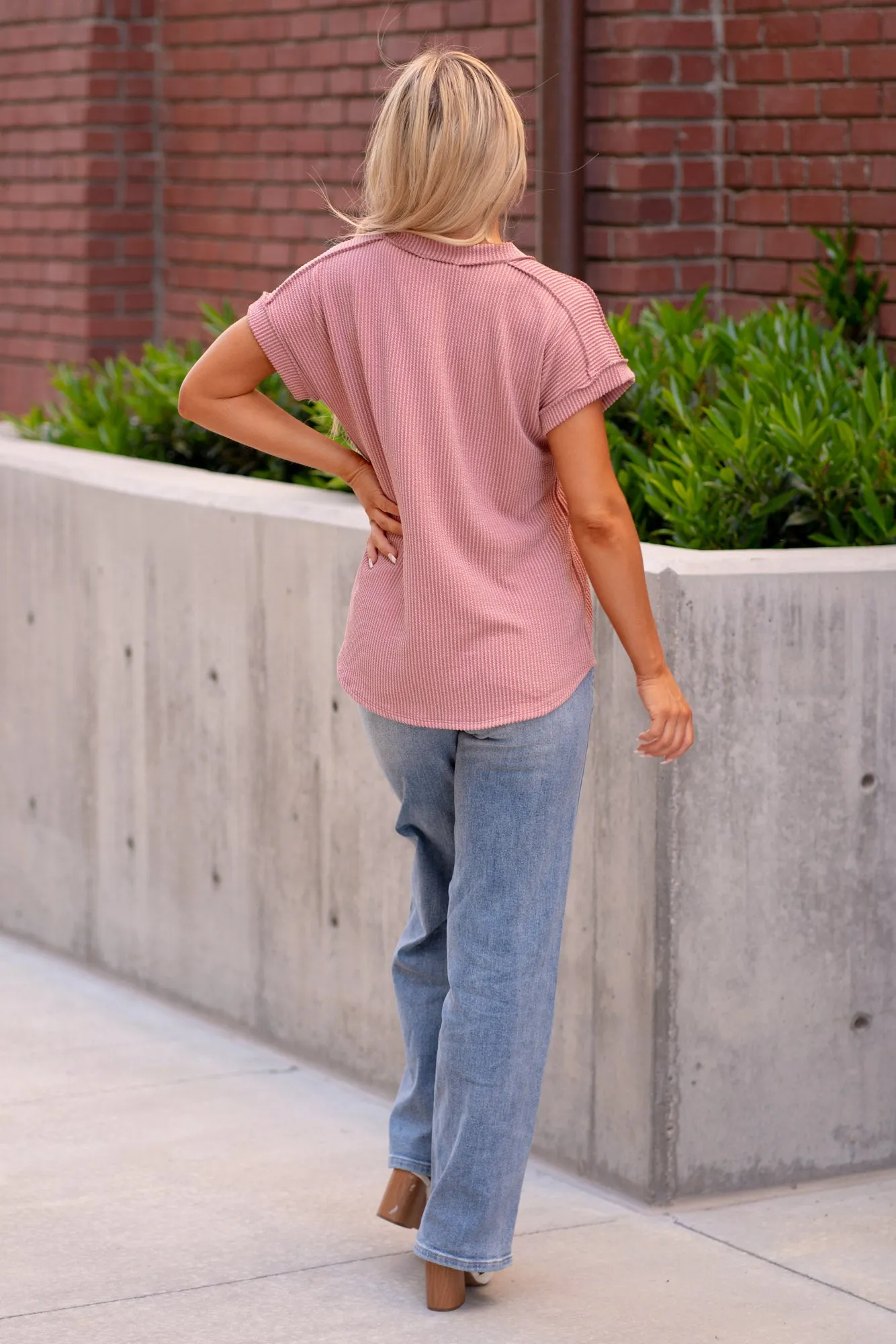 Exposed Seam Short Sleeve Ribbed Top Regular & Plus Sizes