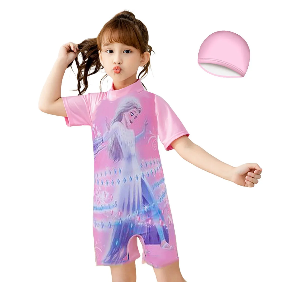 Fancydresswale frozen elsa Girls Swimsuits Short Sleeve Swimwear with Matching Cap - frozen