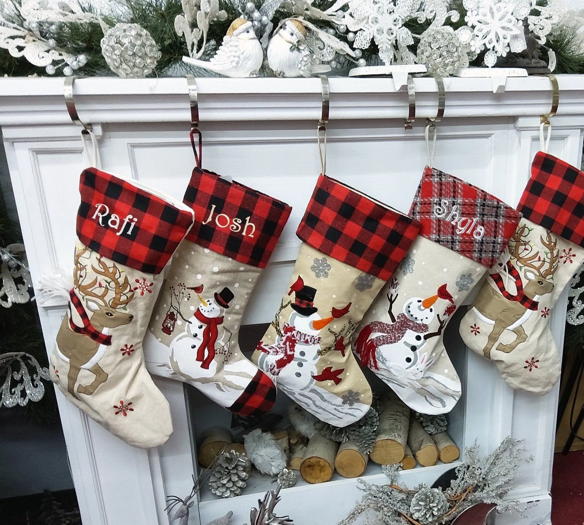 Festive Reindeer 3 Snowmen Cardinals Personalized Christmas Stockings Christmas Plaid Buffalo Check Burlap Country Kids & Family Xmas 2022