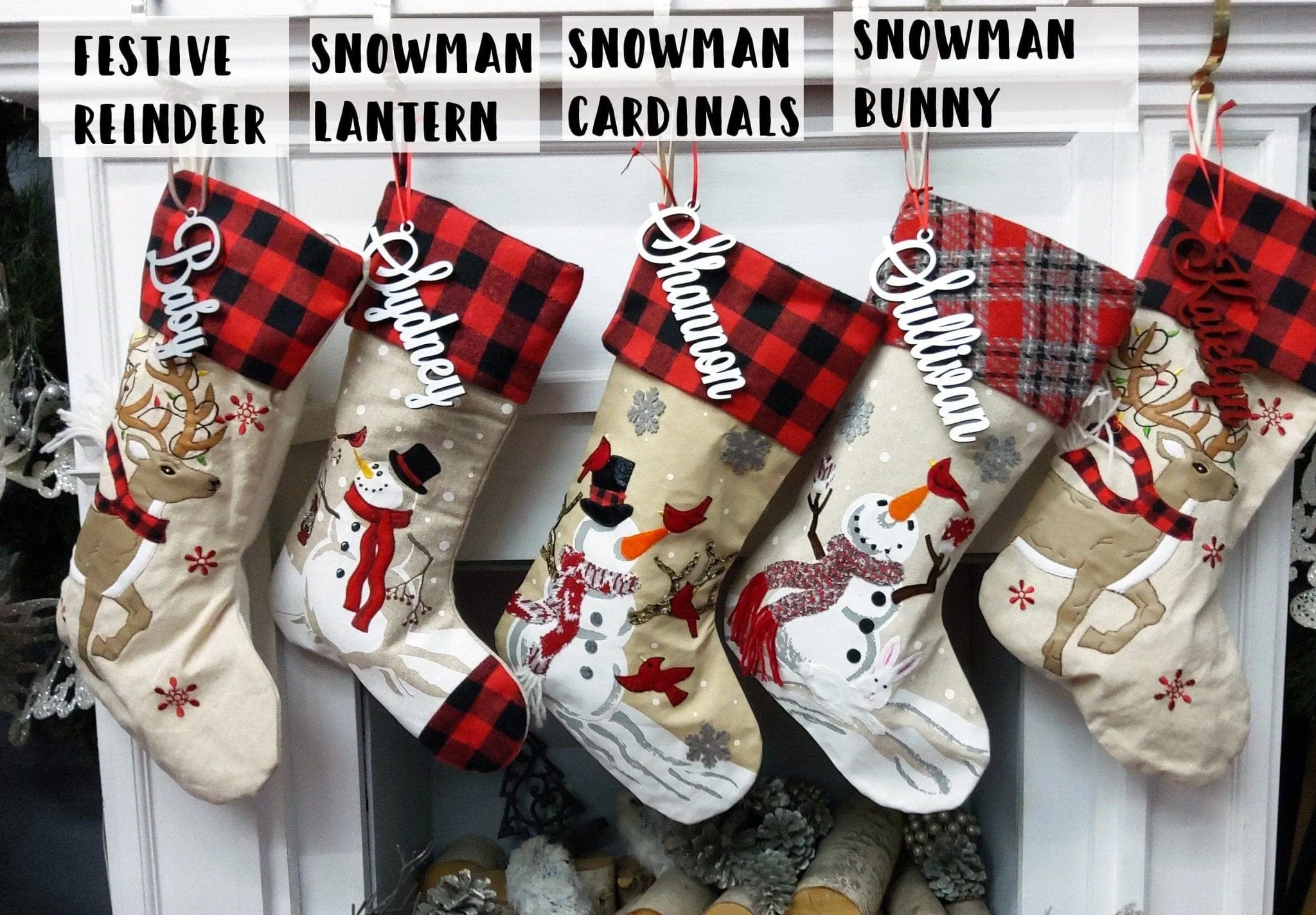 Festive Reindeer 3 Snowmen Cardinals Personalized Christmas Stockings Christmas Plaid Buffalo Check Burlap Country Kids & Family Xmas 2022