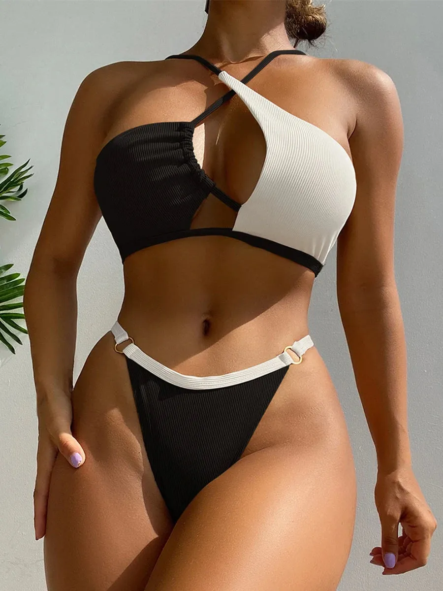 Front Cross Bikini Ring Link Swimsuit Ribbed Swimwear New Style Swimsuit Beachwear