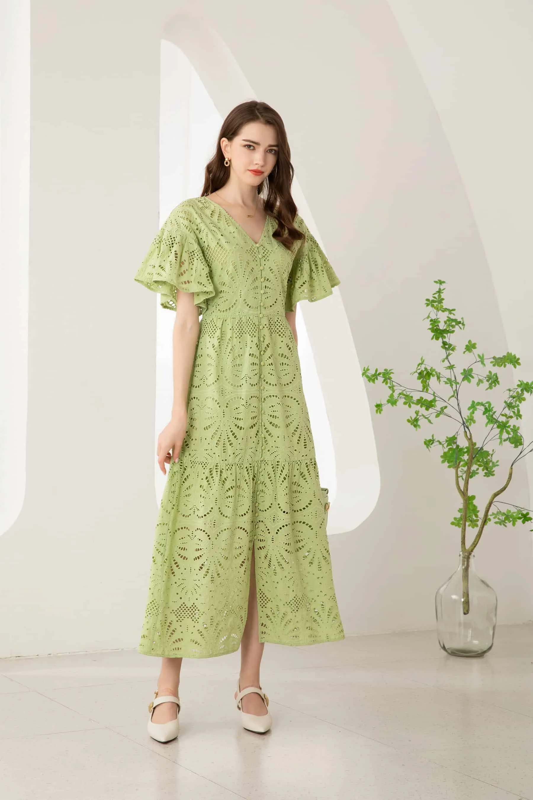 GDS Margot Embroidered Long Dress | Tarragon