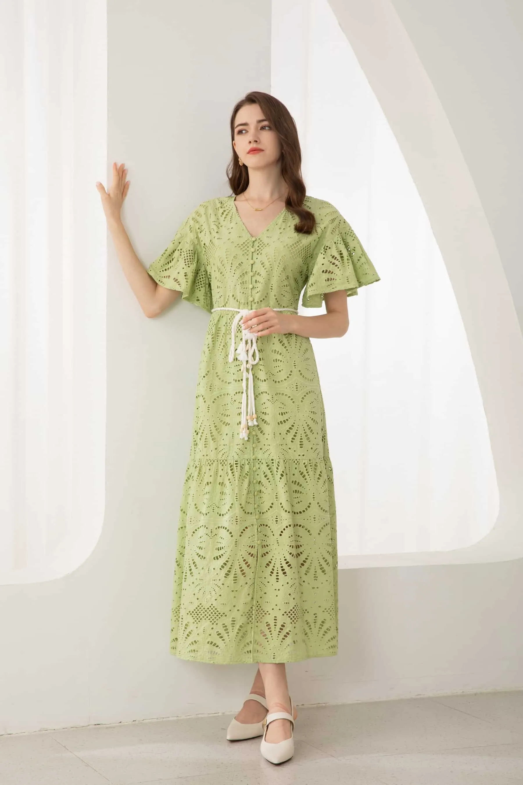 GDS Margot Embroidered Long Dress | Tarragon