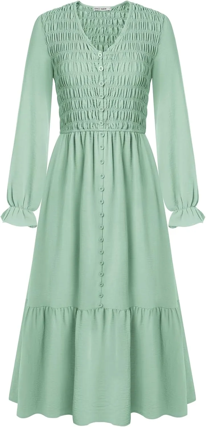 GRACE KARIN Women's 2025 Fall Long Sleeve Maxi Dresses Smocked V Neck Flowy Casual Dress with Pockets Wedding Guest