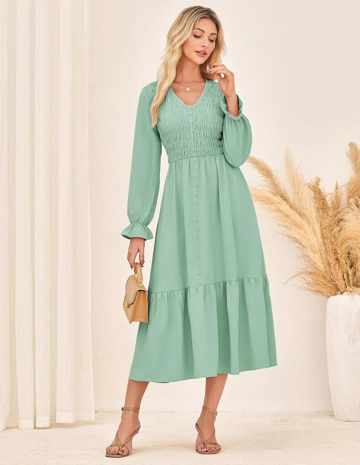 GRACE KARIN Women's 2025 Fall Long Sleeve Maxi Dresses Smocked V Neck Flowy Casual Dress with Pockets Wedding Guest