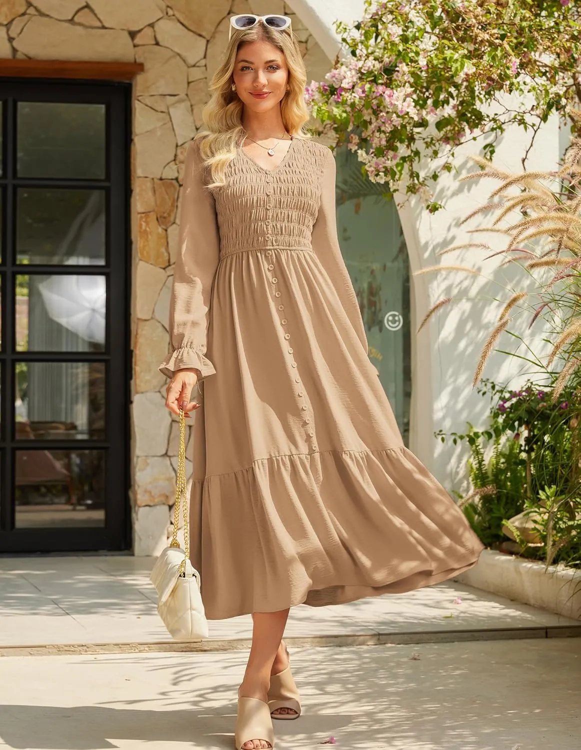 GRACE KARIN Women's 2025 Fall Long Sleeve Maxi Dresses Smocked V Neck Flowy Casual Dress with Pockets Wedding Guest