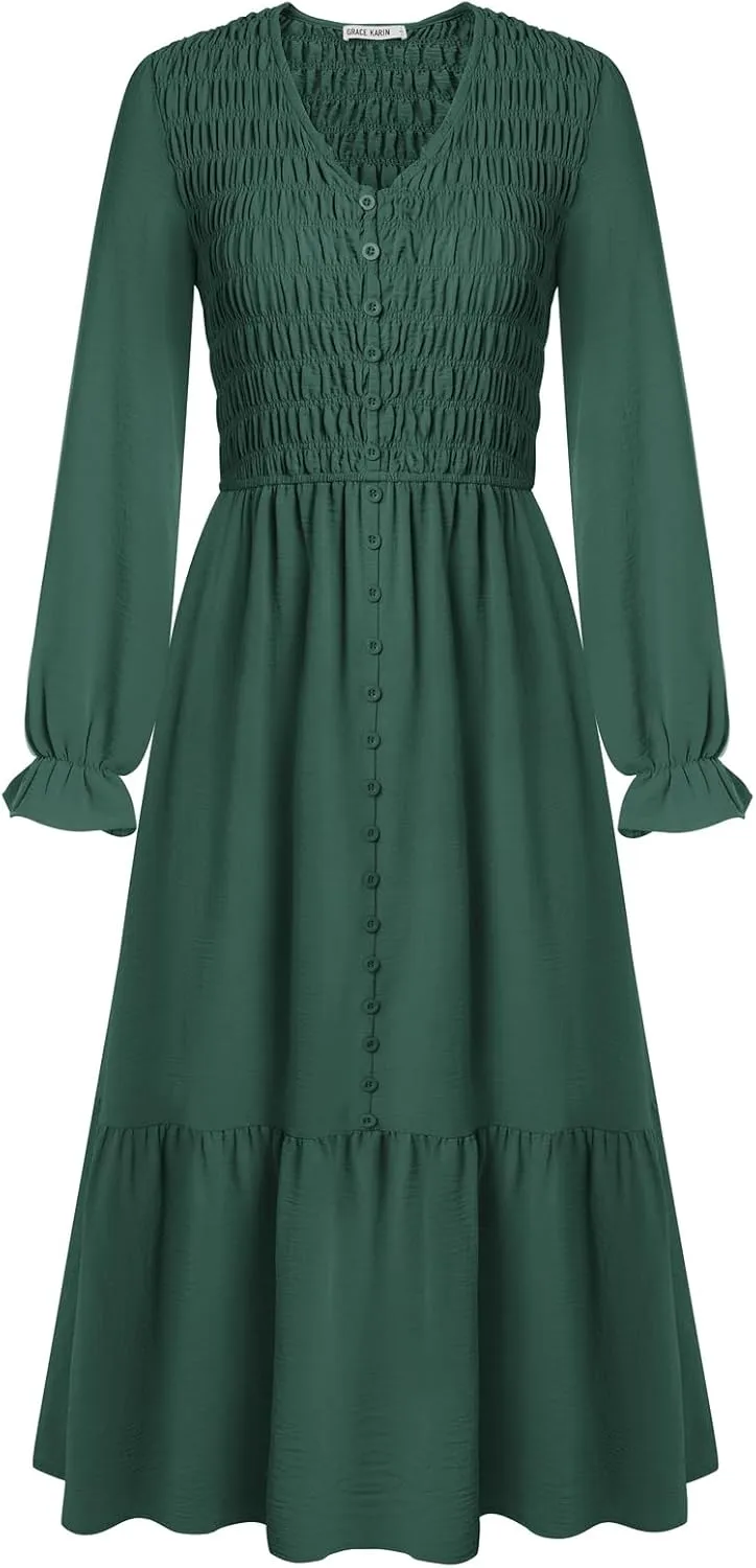 GRACE KARIN Women's 2025 Fall Long Sleeve Maxi Dresses Smocked V Neck Flowy Casual Dress with Pockets Wedding Guest