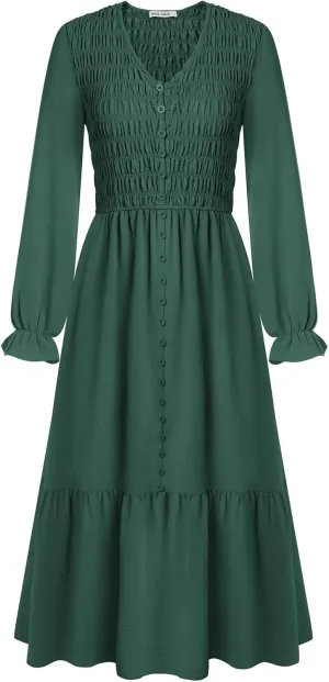 GRACE KARIN Women's 2025 Fall Long Sleeve Maxi Dresses Smocked V Neck Flowy Casual Dress with Pockets Wedding Guest