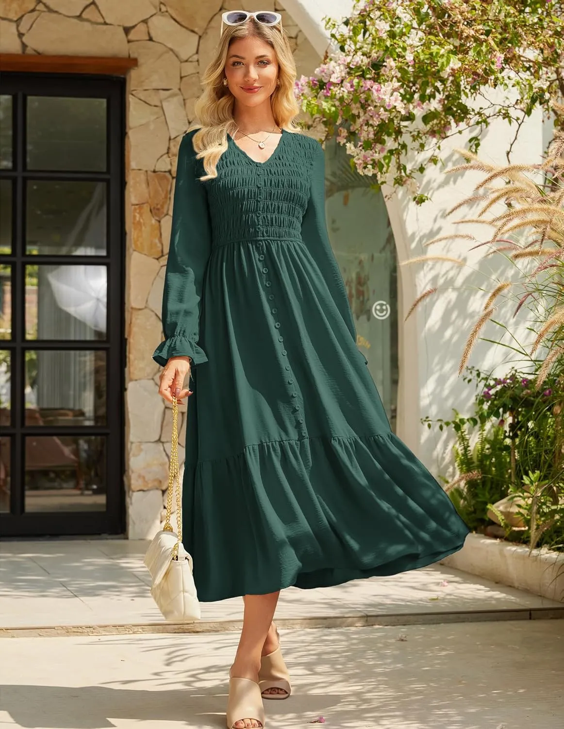 GRACE KARIN Women's 2025 Fall Long Sleeve Maxi Dresses Smocked V Neck Flowy Casual Dress with Pockets Wedding Guest