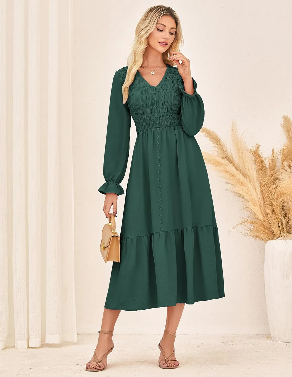 GRACE KARIN Women's 2025 Fall Long Sleeve Maxi Dresses Smocked V Neck Flowy Casual Dress with Pockets Wedding Guest