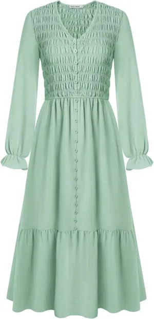 GRACE KARIN Women's 2025 Fall Long Sleeve Maxi Dresses Smocked V Neck Flowy Casual Dress with Pockets Wedding Guest