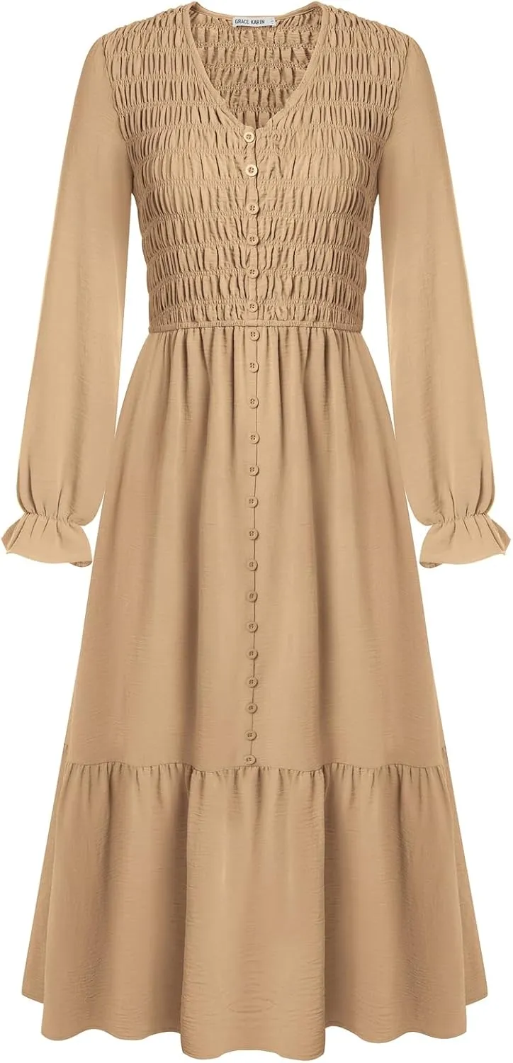GRACE KARIN Women's 2025 Fall Long Sleeve Maxi Dresses Smocked V Neck Flowy Casual Dress with Pockets Wedding Guest