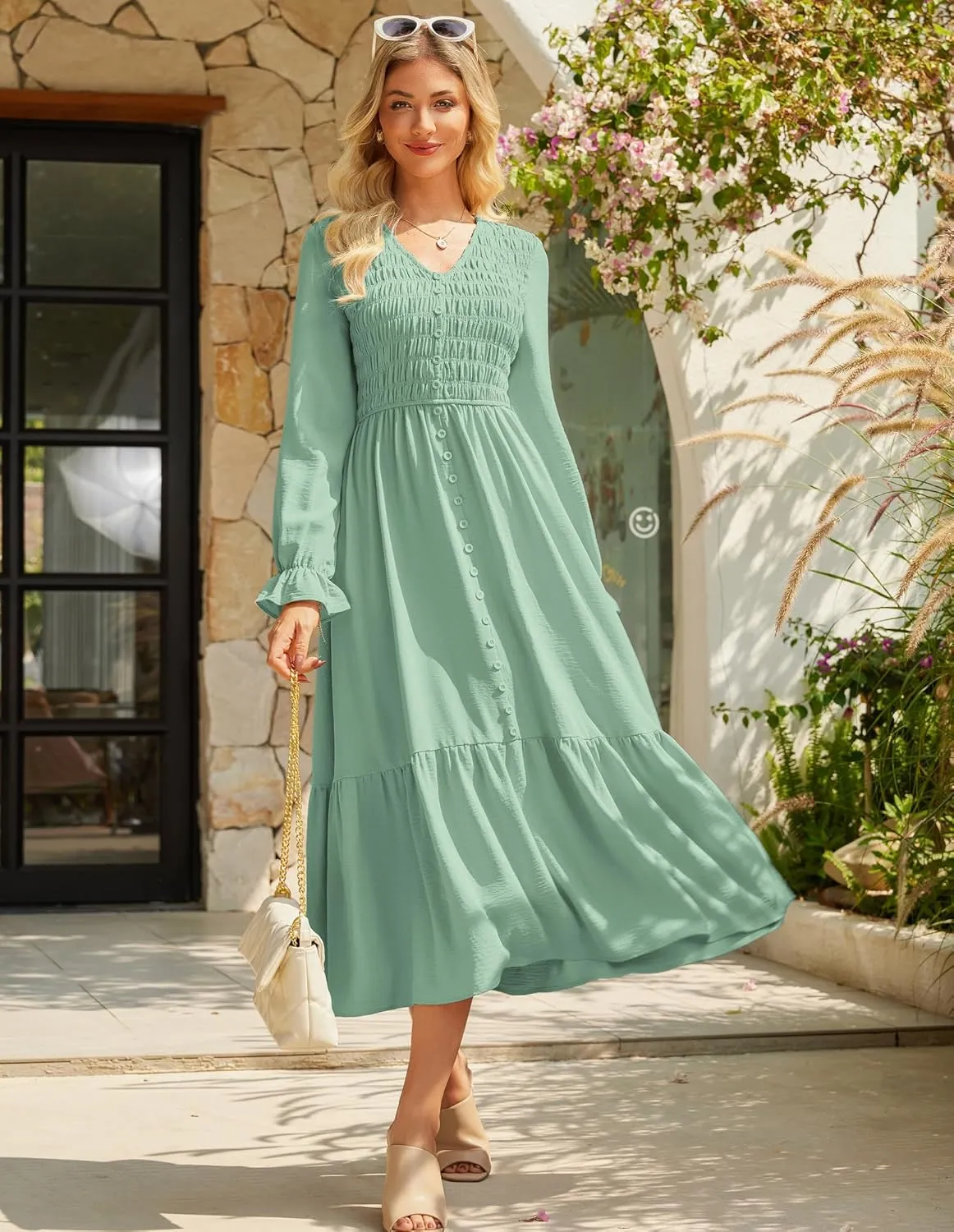 GRACE KARIN Women's 2025 Fall Long Sleeve Maxi Dresses Smocked V Neck Flowy Casual Dress with Pockets Wedding Guest