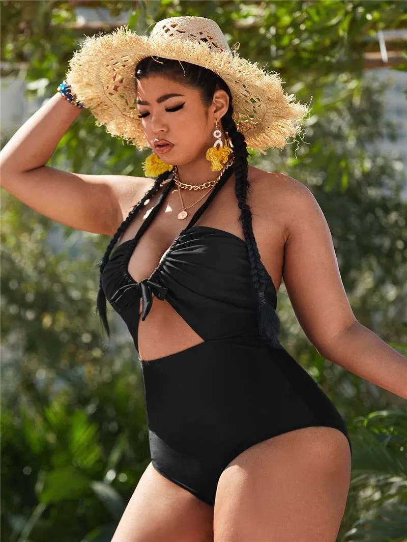 Hanging Lace Cut Out One Piece Plus Size Swimsuits