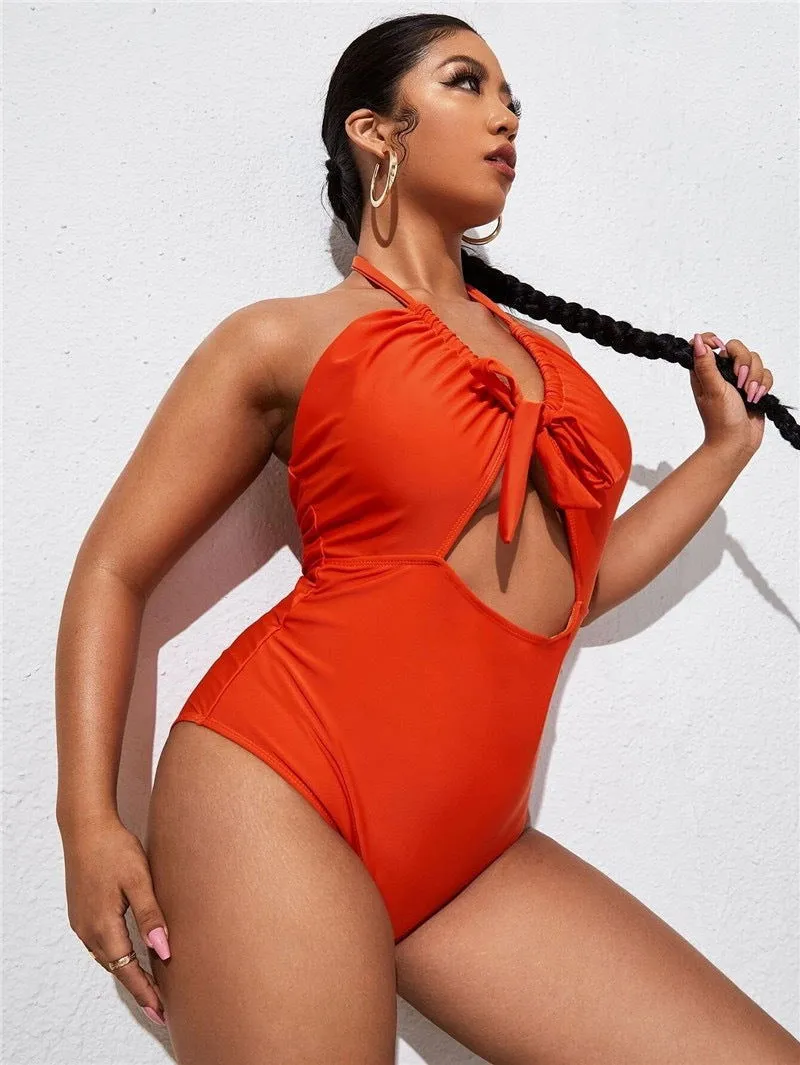 Hanging Lace Cut Out One Piece Plus Size Swimsuits