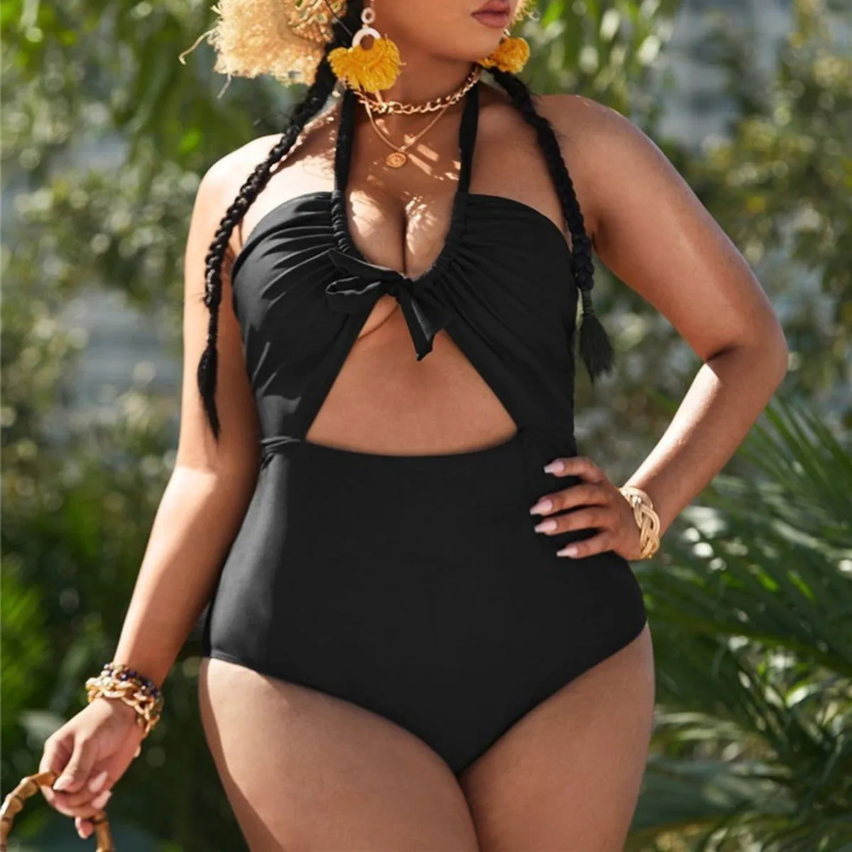 Hanging Lace Cut Out One Piece Plus Size Swimsuits