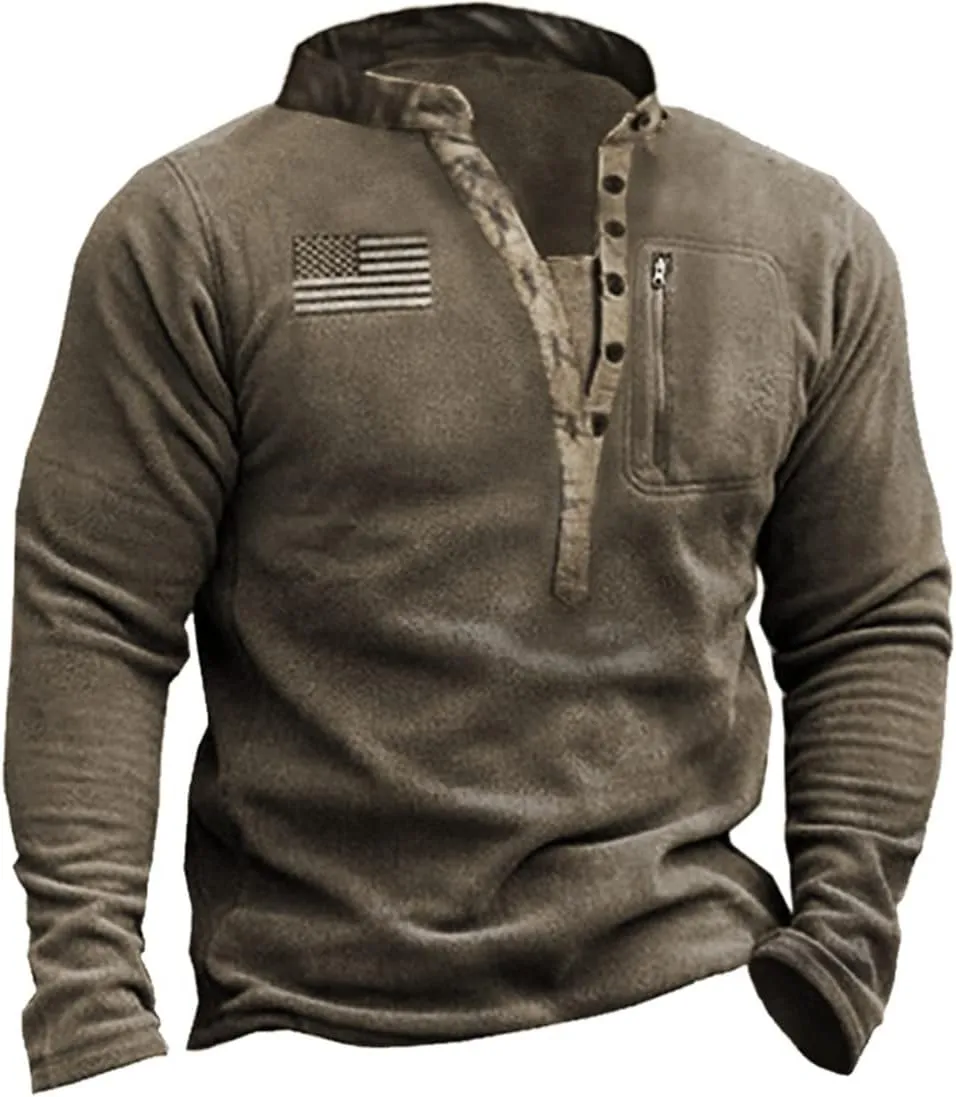 HARGLESMAN Mens Fleece Sweatshirts American Flag Patriotic Pullover Fashion Casual Sweaters Henley Collar Button Up Warm Comfortable Soft Top Shirts Cloth Man Plus Size Brown 4XL