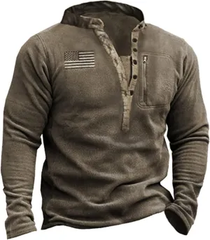 HARGLESMAN Mens Fleece Sweatshirts American Flag Patriotic Pullover Fashion Casual Sweaters Henley Collar Button Up Warm Comfortable Soft Top Shirts Cloth Man Plus Size Brown 4XL