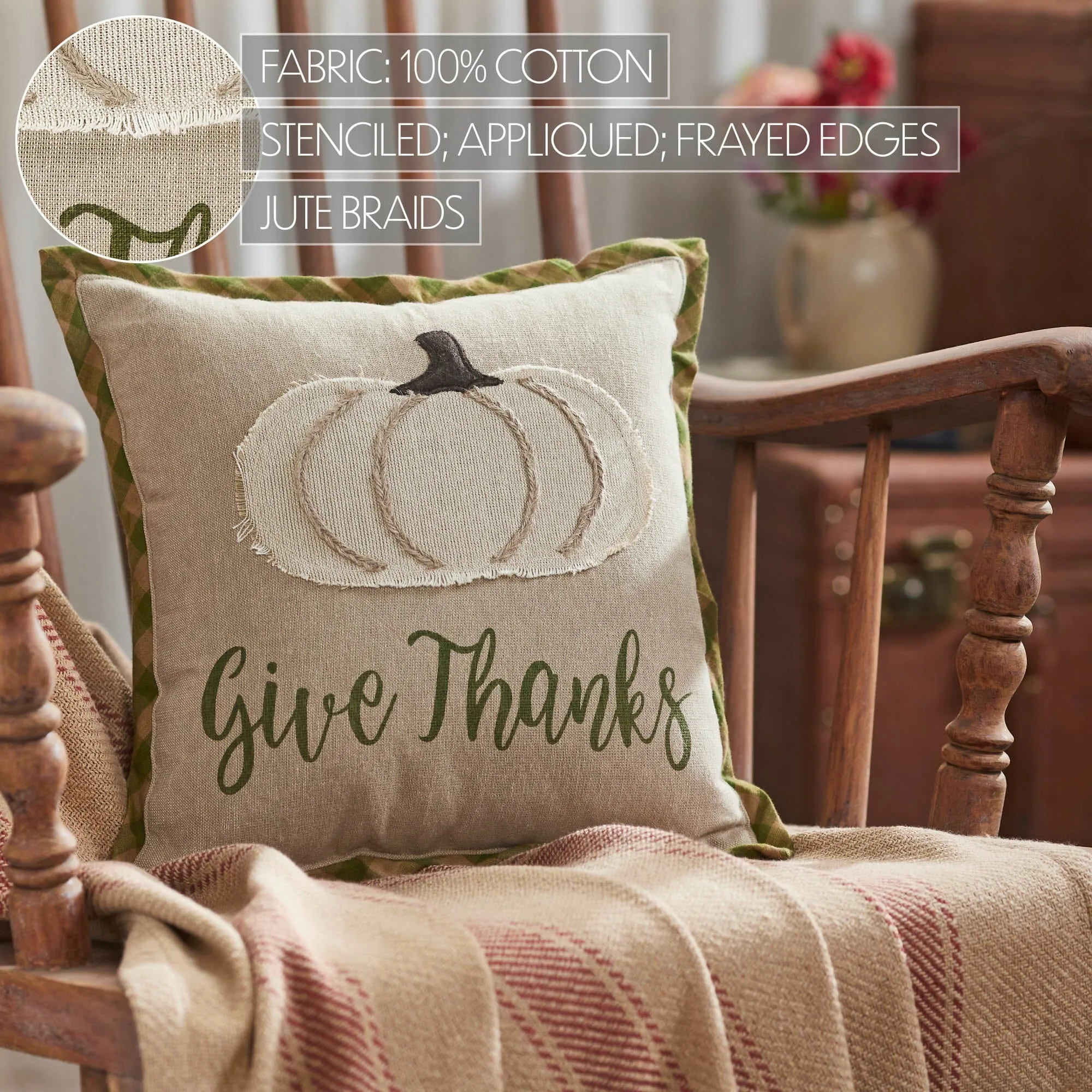 Harvest Blessings Applique Pumpkin Give Thanks Pillow 12x12"
