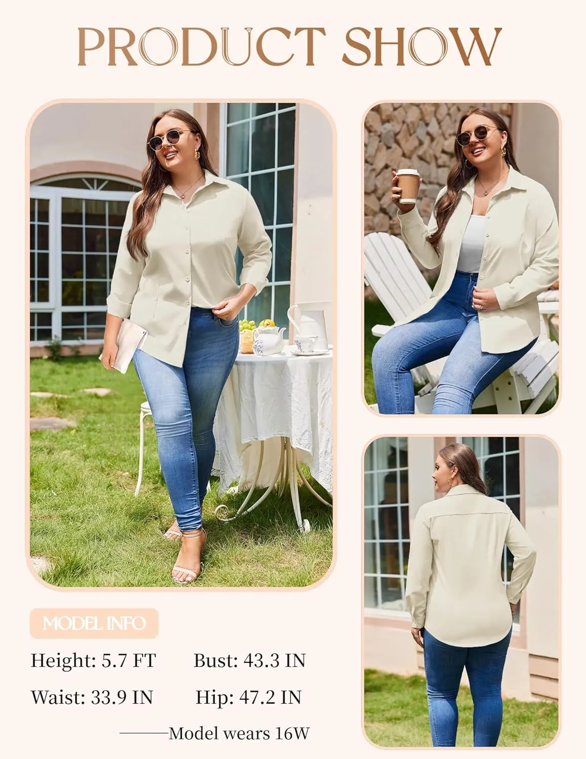 IN'VOLAND Women's Plus Size Button Down Shirts Long Sleeve Collared Casual Shirt Office Work Blouse Tops
