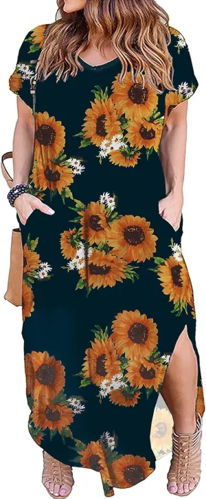 Kancystore Women's Plus Size Dresses Casual Loose Pocket Short Sleeve Slits Plus Size Long Maxi Dress XL-5X