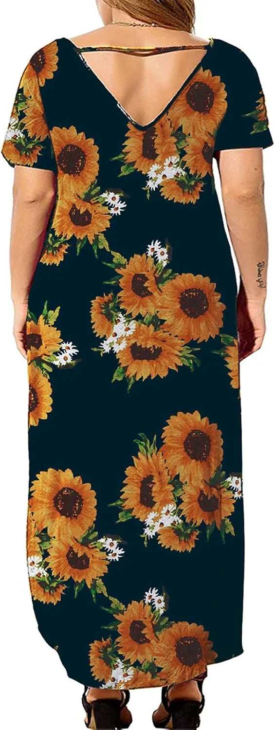 Kancystore Women's Plus Size Dresses Casual Loose Pocket Short Sleeve Slits Plus Size Long Maxi Dress XL-5X