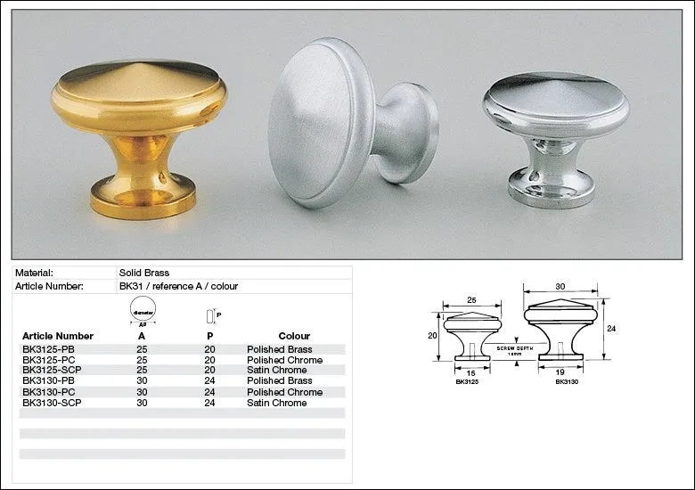 KETHY BK31 CABINET KNOB DIMPLE BRASS 30MM
