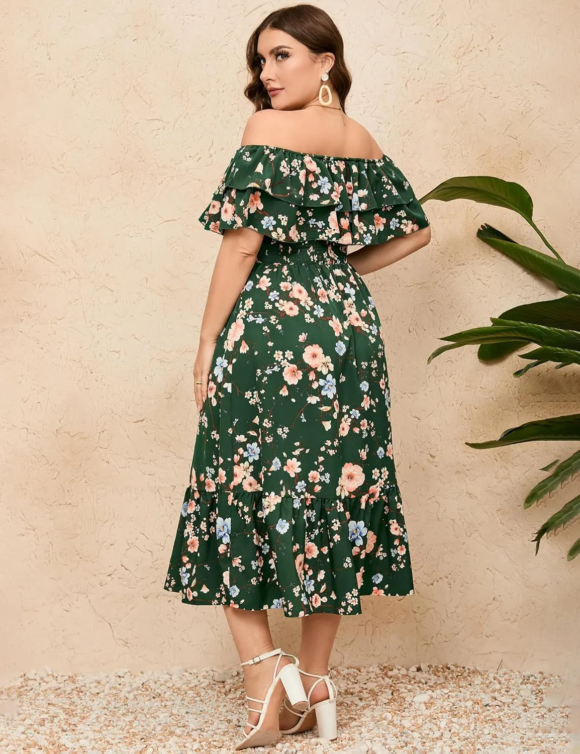 KOJOOIN Women Plus Size Off Shoulder Maxi Dress Ruffle Flowy Casual Summer Boho Long Dresses