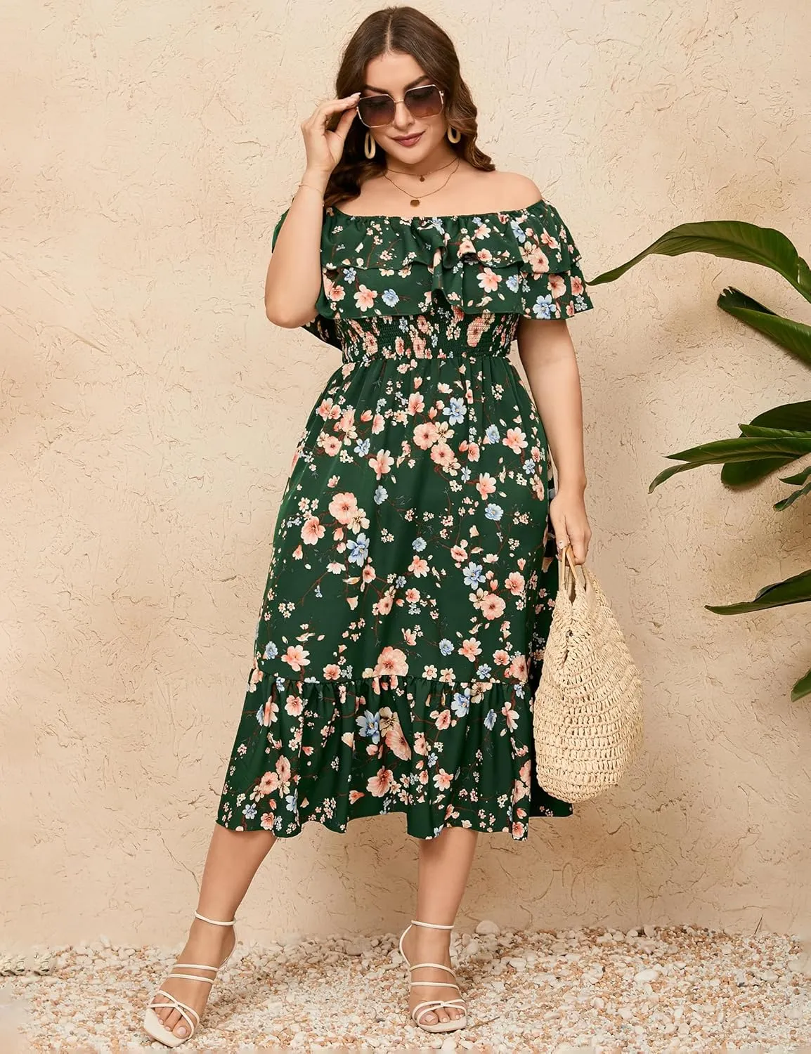 KOJOOIN Women Plus Size Off Shoulder Maxi Dress Ruffle Flowy Casual Summer Boho Long Dresses