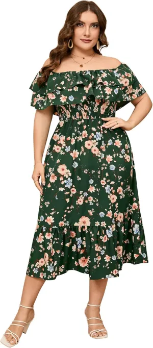 KOJOOIN Women Plus Size Off Shoulder Maxi Dress Ruffle Flowy Casual Summer Boho Long Dresses