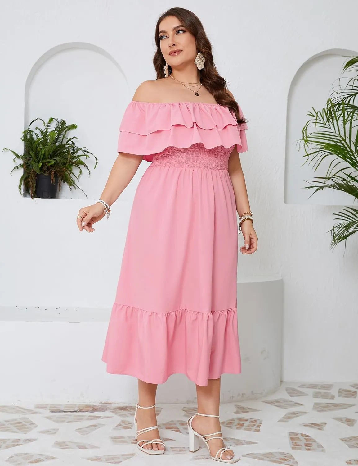 KOJOOIN Women Plus Size Off Shoulder Maxi Dress Ruffle Flowy Casual Summer Boho Long Dresses