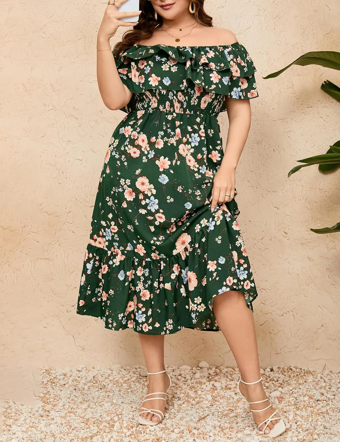 KOJOOIN Women Plus Size Off Shoulder Maxi Dress Ruffle Flowy Casual Summer Boho Long Dresses