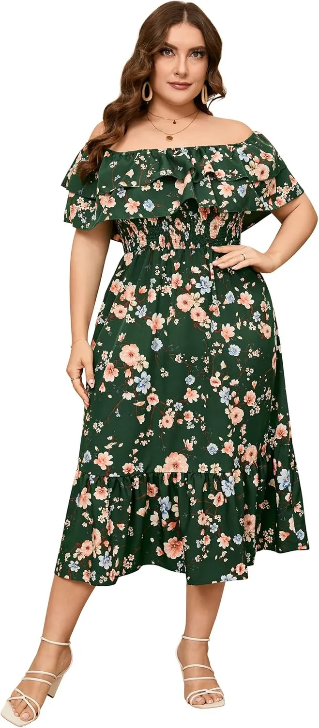 KOJOOIN Women Plus Size Off Shoulder Maxi Dress Ruffle Flowy Casual Summer Boho Long Dresses