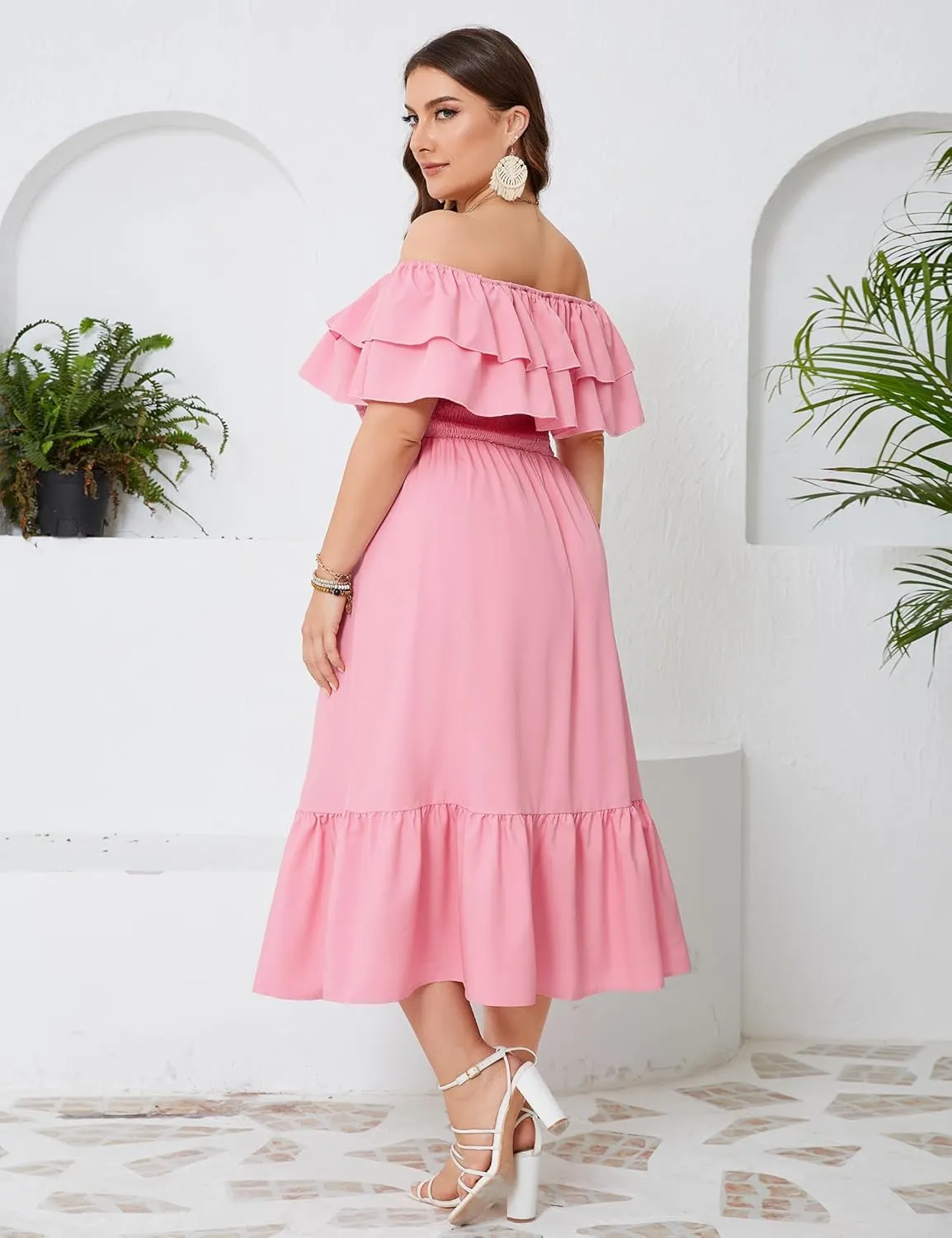 KOJOOIN Women Plus Size Off Shoulder Maxi Dress Ruffle Flowy Casual Summer Boho Long Dresses